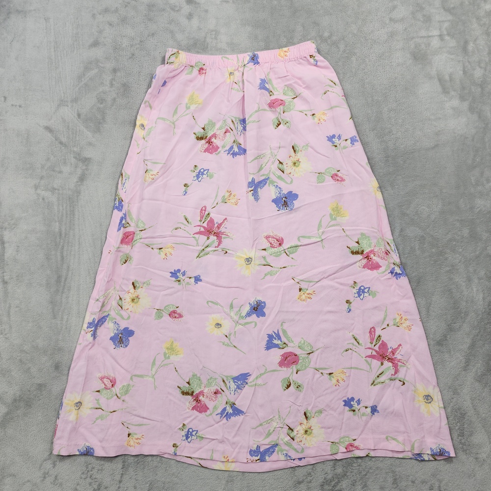 Vintage Fred Thomas Skirt Womens M Pink Floral Midi Pull On Rayon Cottagecore